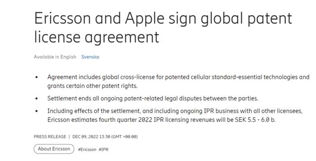 全球范围和解 爱立信官宣与苹果 5G 专利官司全面结束