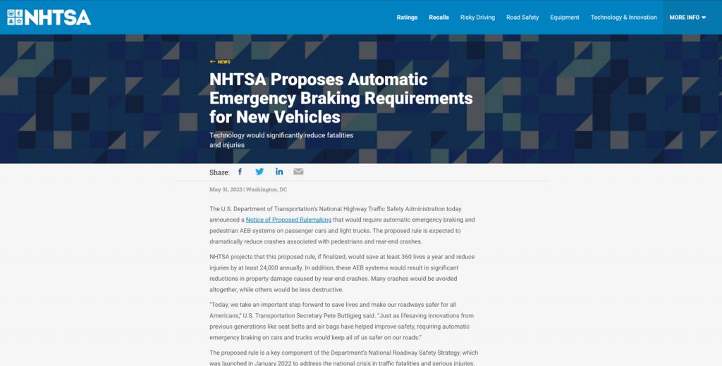 美国交管部门拟出台新规，要求新车必须配备自动刹车系统