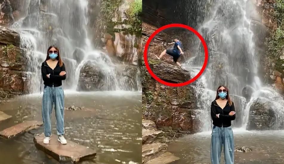 女子瀑布前拍视频意外拍下大哥落水（画面曝光太惊险了）